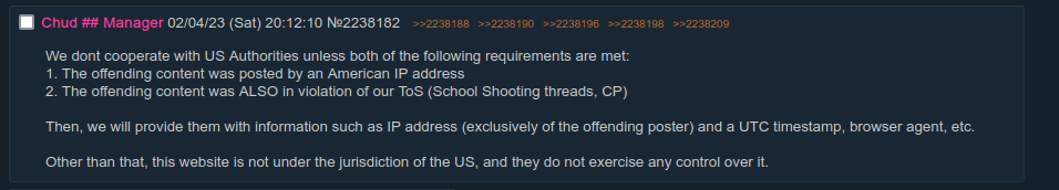 Post made by the manager on a thread about what happened. Later the managed informed that they don't cooperate with any federal agents unless 2 conditions